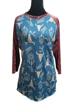 Boho Jane Western Bull Skull Dreamcatcher Top Teal Mauve Size M Mixed Media Boho